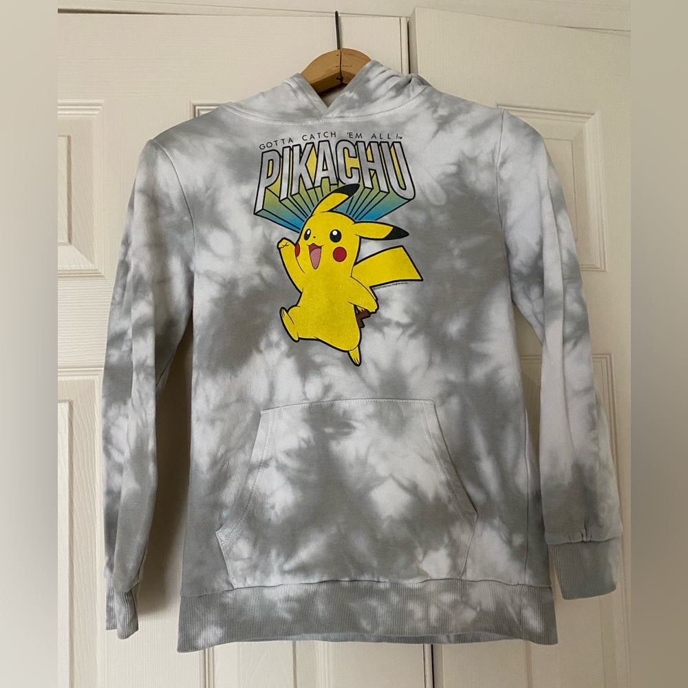 Boys Pikachu Gray Tie-Dye Hoodie Sweatshirt.
